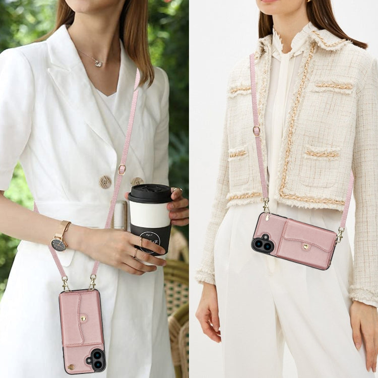 For iPhone 16 Plus RFID Card Slot Phone Case with Long Lanyard(Rose Gold)