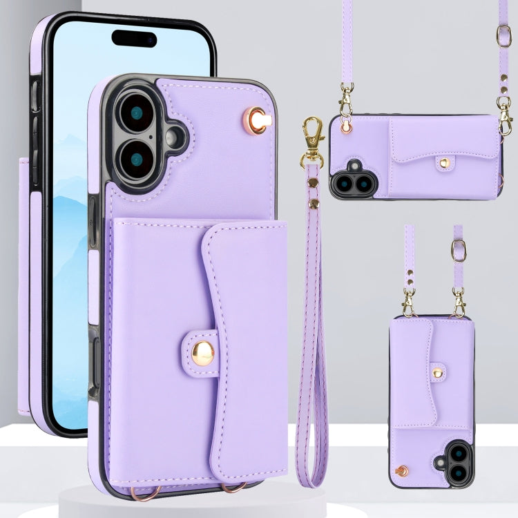 For iPhone 16 Plus RFID Card Slot Phone Case with Long Lanyard(Purple)
