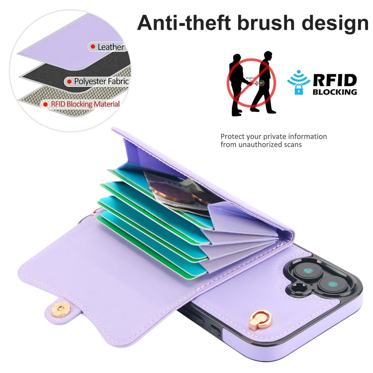 For iPhone 16 Plus RFID Card Slot Phone Case with Long Lanyard(Purple)