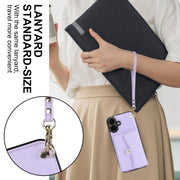 For iPhone 16 Plus RFID Card Slot Phone Case with Long Lanyard(Purple)