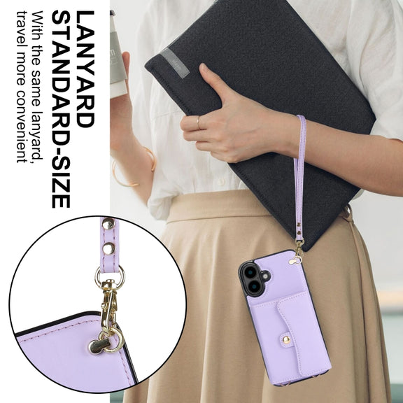 For iPhone 16 Plus RFID Card Slot Phone Case with Long Lanyard(Purple)