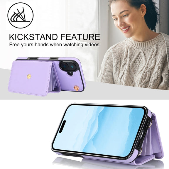 For iPhone 16 Plus RFID Card Slot Phone Case with Long Lanyard(Purple)
