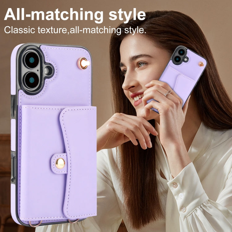 For iPhone 16 Plus RFID Card Slot Phone Case with Long Lanyard(Purple)