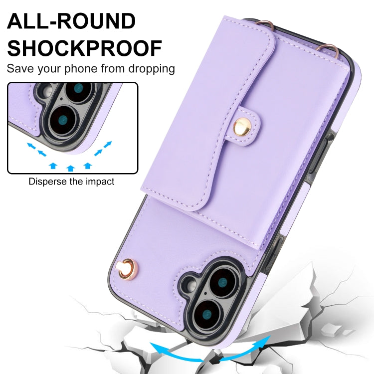 For iPhone 16 Plus RFID Card Slot Phone Case with Long Lanyard(Purple)