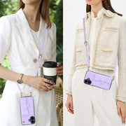 For iPhone 16 Plus RFID Card Slot Phone Case with Long Lanyard(Purple)