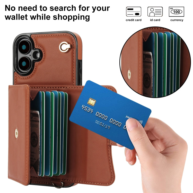 For iPhone 16 Plus RFID Card Slot Phone Case with Long Lanyard(Brown)