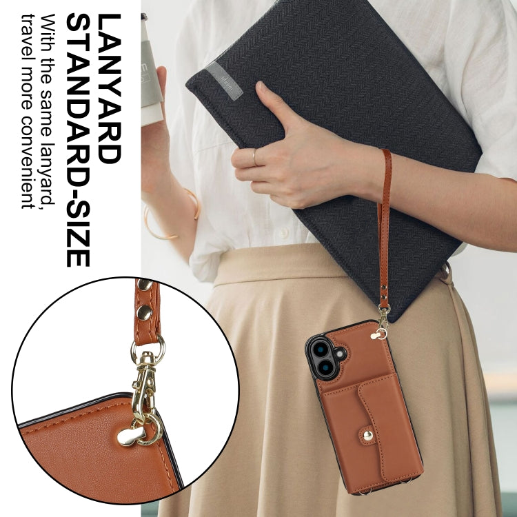 For iPhone 16 Plus RFID Card Slot Phone Case with Long Lanyard(Brown)