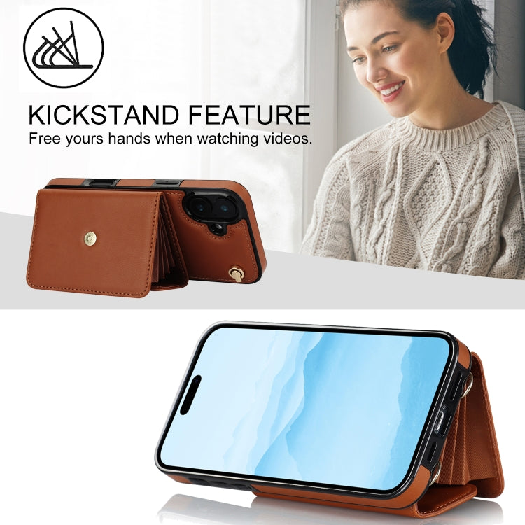 For iPhone 16 Plus RFID Card Slot Phone Case with Long Lanyard(Brown)
