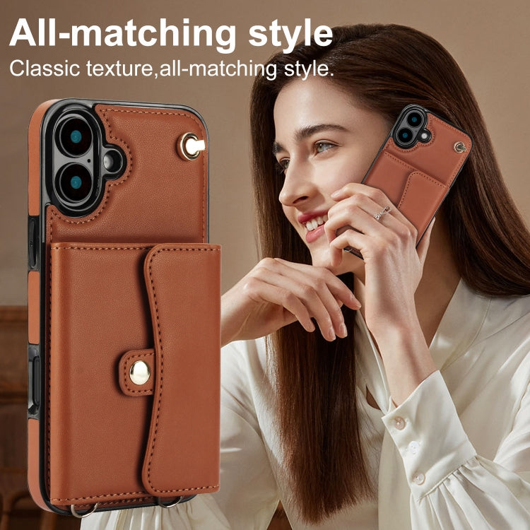 For iPhone 16 Plus RFID Card Slot Phone Case with Long Lanyard(Brown)