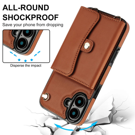 For iPhone 16 Plus RFID Card Slot Phone Case with Long Lanyard(Brown)