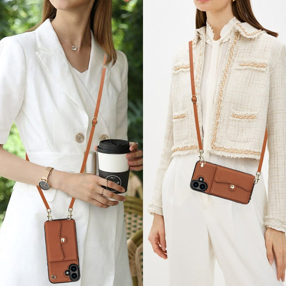 For iPhone 16 Plus RFID Card Slot Phone Case with Long Lanyard(Brown)