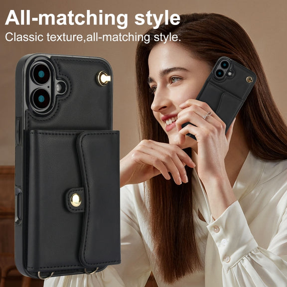 For iPhone 16 RFID Card Slot Phone Case with Long Lanyard(Black)