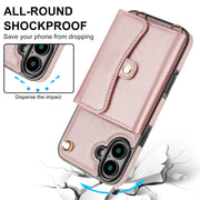 For iPhone 16 RFID Card Slot Phone Case with Long Lanyard(Rose Gold)