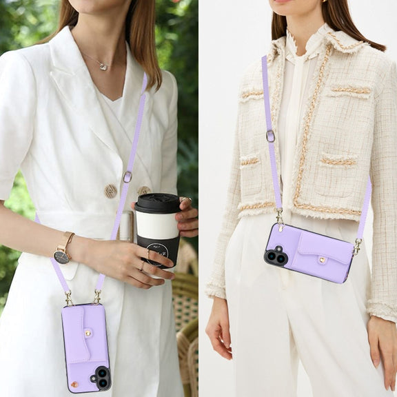 For iPhone 16 RFID Card Slot Phone Case with Long Lanyard(Purple)