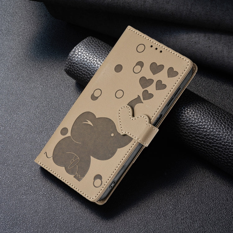 For Samsung Galaxy S25 5G Cartoon Elephant Embossed Leather Phone Case(Khaki)