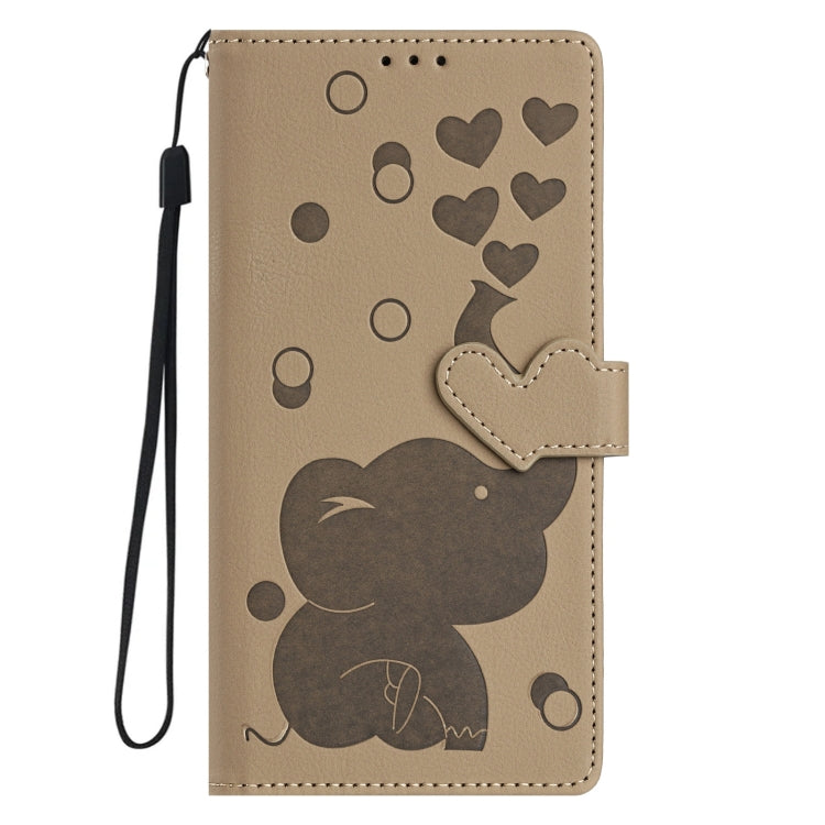 For Samsung Galaxy S25 5G Cartoon Elephant Embossed Leather Phone Case(Khaki)