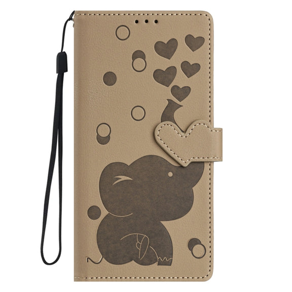 For Samsung Galaxy S25 5G Cartoon Elephant Embossed Leather Phone Case(Khaki)