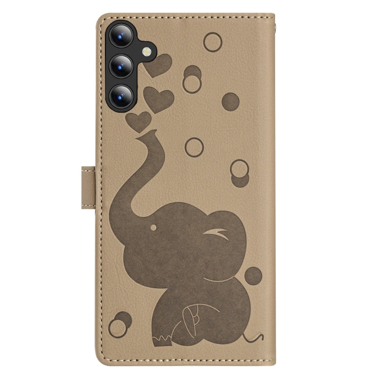 For Samsung Galaxy S25 5G Cartoon Elephant Embossed Leather Phone Case(Khaki)