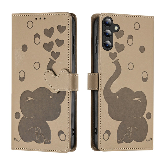 For Samsung Galaxy S25 5G Cartoon Elephant Embossed Leather Phone Case(Khaki)