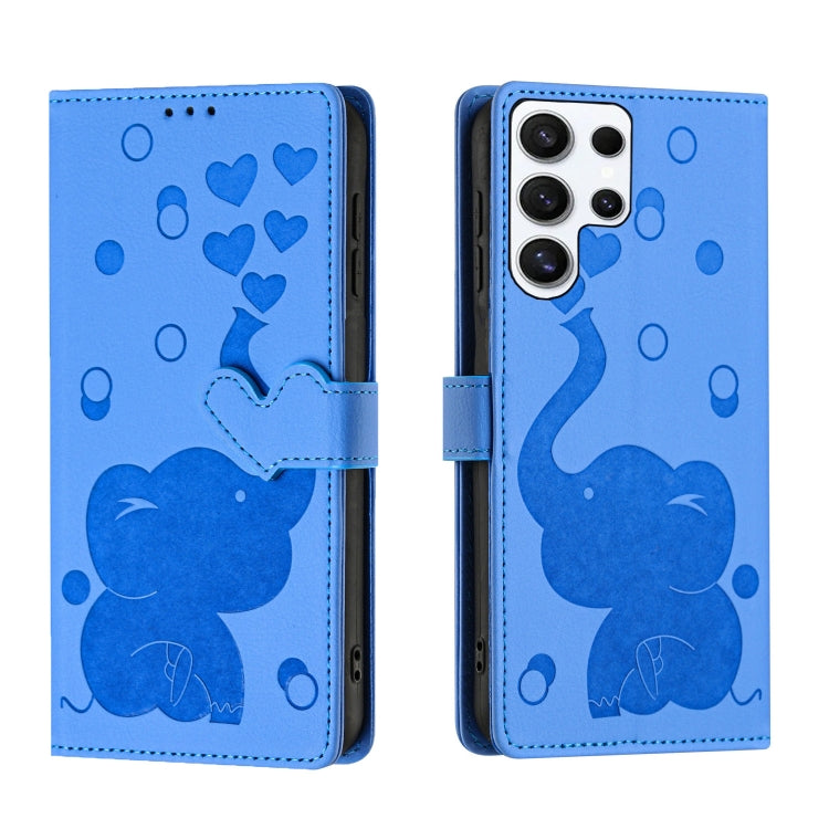 For Samsung Galaxy S25 Ultra 5G Cartoon Elephant Embossed Leather Phone Case(Blue)