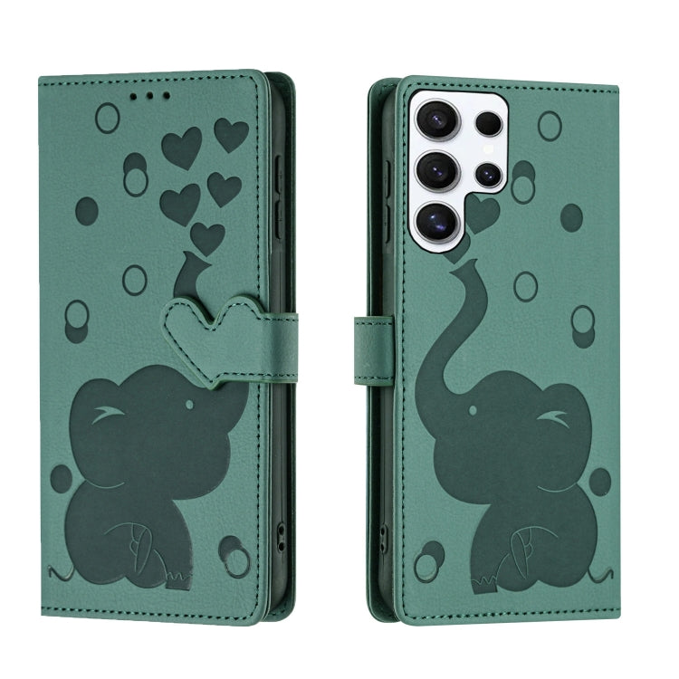 For Samsung Galaxy S25 Ultra 5G Cartoon Elephant Embossed Leather Phone Case(Green)