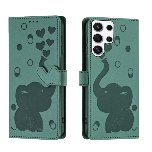 For Samsung Galaxy S25 Ultra 5G Cartoon Elephant Embossed Leather Phone Case(Green)