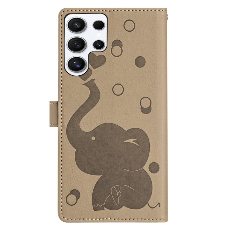 For Samsung Galaxy S25 Ultra 5G Cartoon Elephant Embossed Leather Phone Case(Khaki)