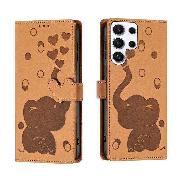 For Samsung Galaxy S25 Ultra 5G Cartoon Elephant Embossed Leather Phone Case(Yellow)