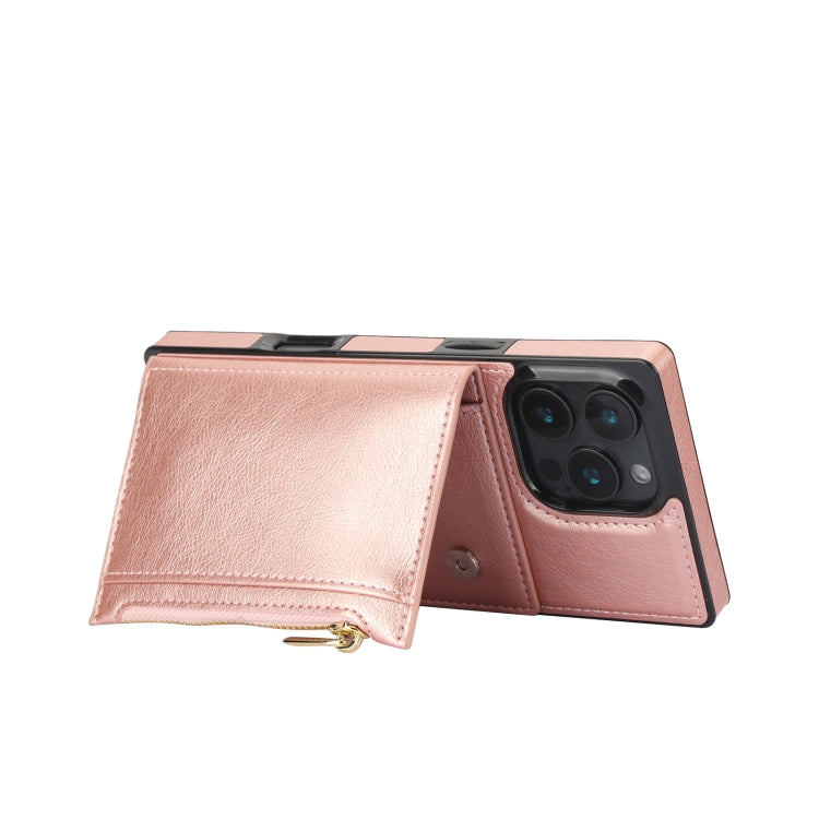 For iPhone 16 Pro Max Square Zipper Wallet Bag TPU+PU Back Cover Case(Rose Gold)
