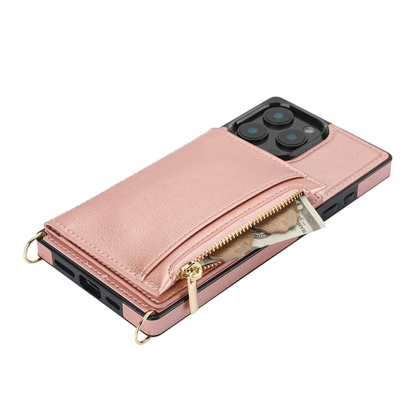 For iPhone 16 Pro Max Square Zipper Wallet Bag TPU+PU Back Cover Case(Rose Gold)
