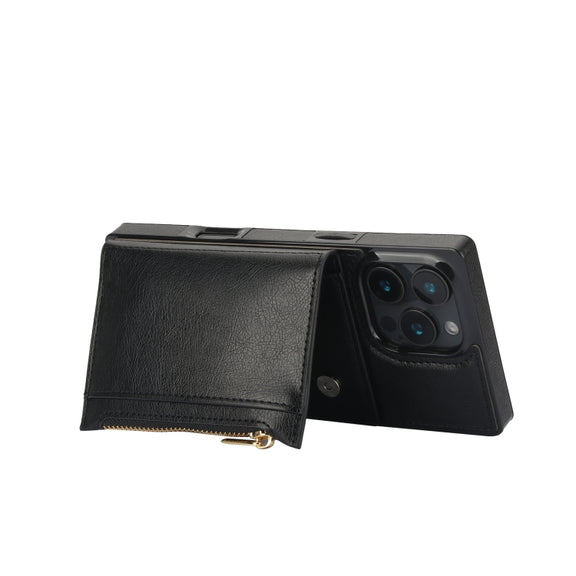 For iPhone 16 Pro Max Square Zipper Wallet Bag TPU+PU Back Cover Case(Black)