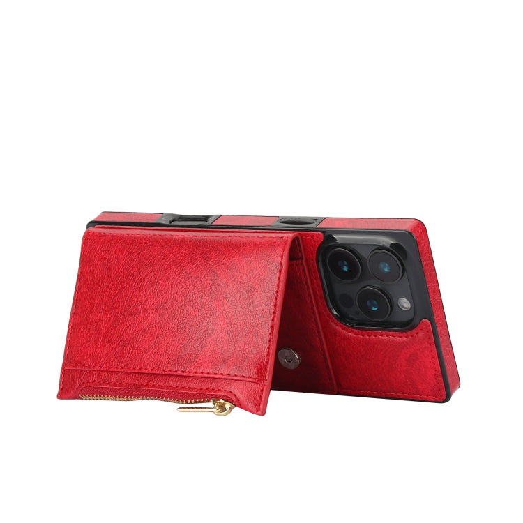 For iPhone 16 Pro Max Square Zipper Wallet Bag TPU+PU Back Cover Case(Red)