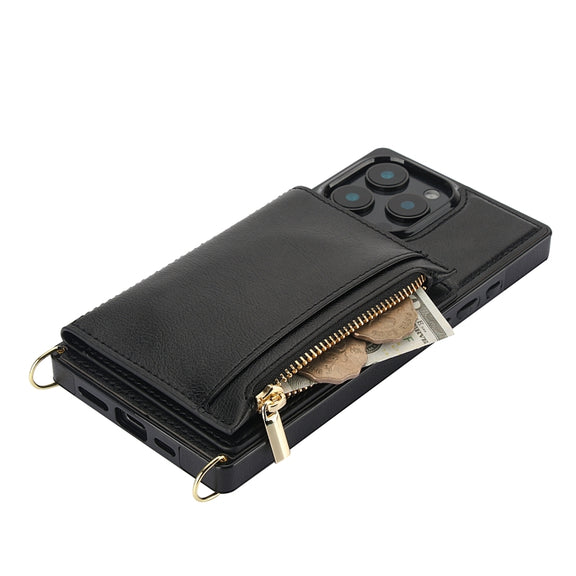 For iPhone 16 Pro Square Zipper Wallet Bag TPU+PU Back Cover Case(Black)
