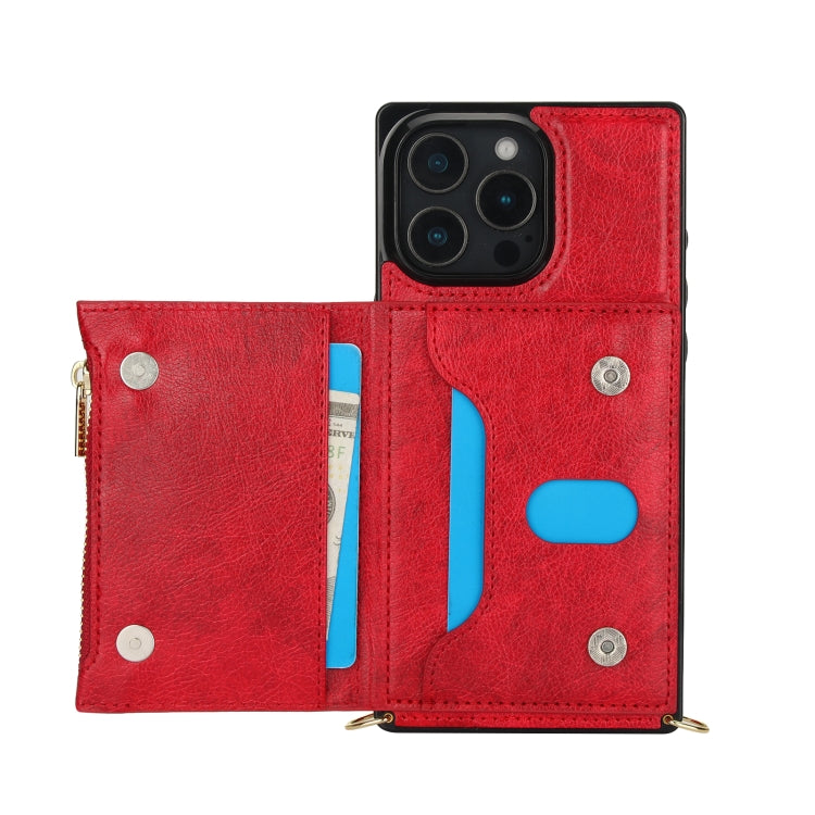 For iPhone 16 Pro Square Zipper Wallet Bag TPU+PU Back Cover Case(Red)