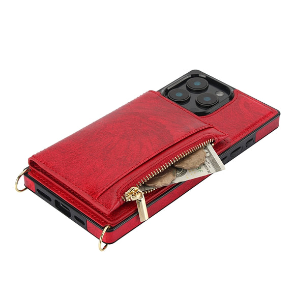 For iPhone 16 Pro Square Zipper Wallet Bag TPU+PU Back Cover Case(Red)
