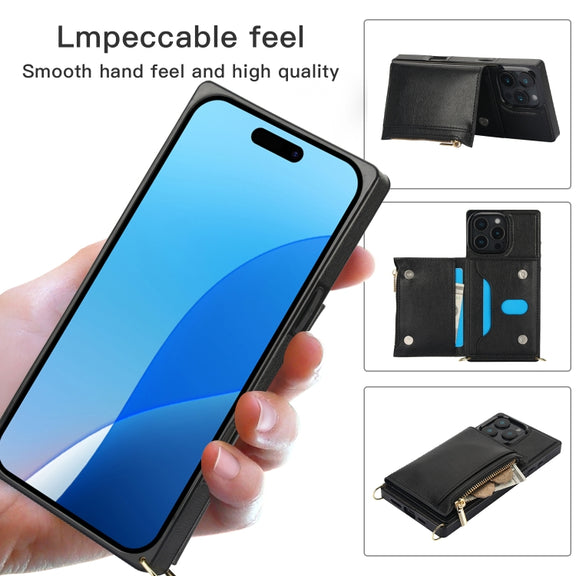 For iPhone 16 Pro Square Zipper Wallet Bag TPU+PU Back Cover Case(Red)