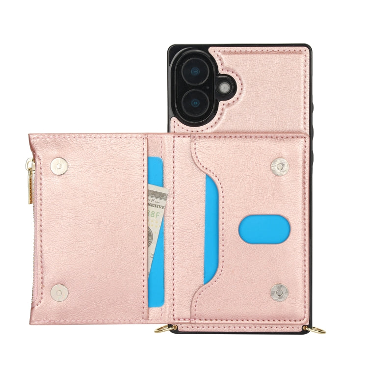 For iPhone 16 Plus Square Zipper Wallet Bag TPU+PU Back Cover Case(Rose Gold)