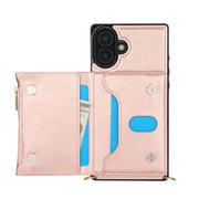 For iPhone 16 Plus Square Zipper Wallet Bag TPU+PU Back Cover Case(Rose Gold)