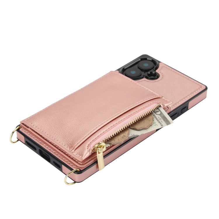 For iPhone 16 Plus Square Zipper Wallet Bag TPU+PU Back Cover Case(Rose Gold)
