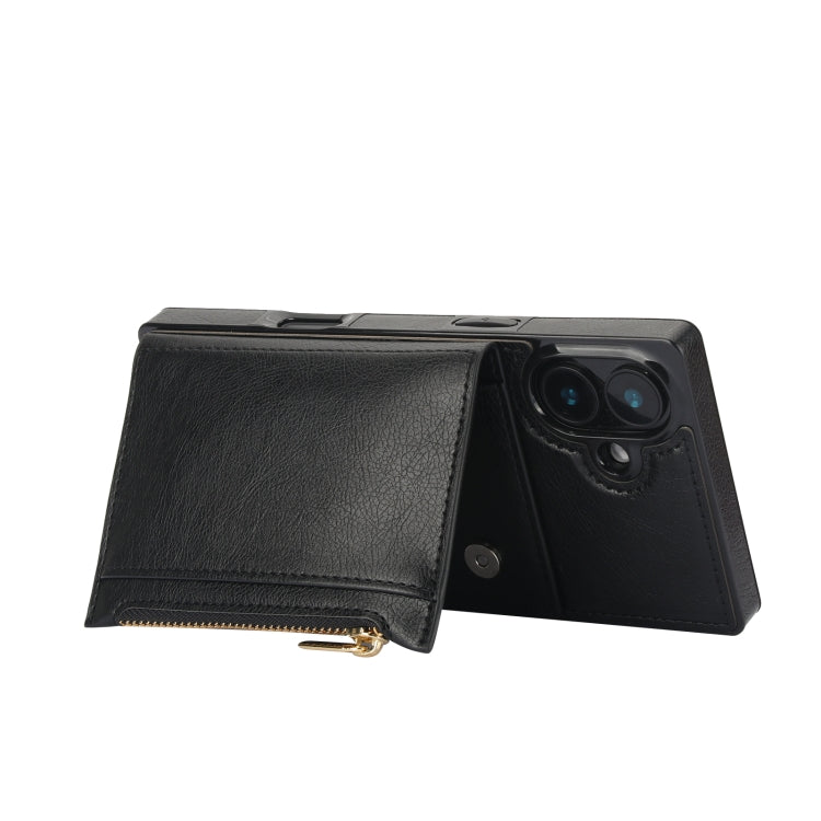 For iPhone 16 Plus Square Zipper Wallet Bag TPU+PU Back Cover Case(Black)
