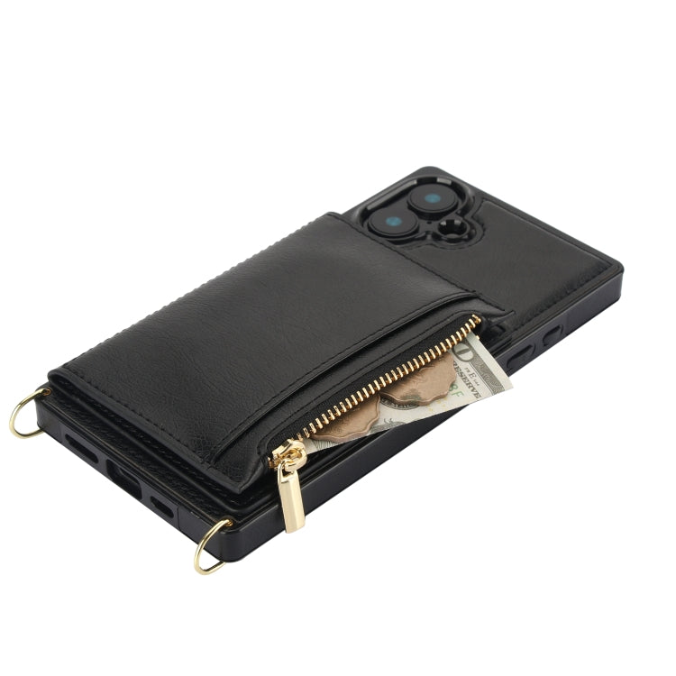 For iPhone 16 Plus Square Zipper Wallet Bag TPU+PU Back Cover Case(Black)