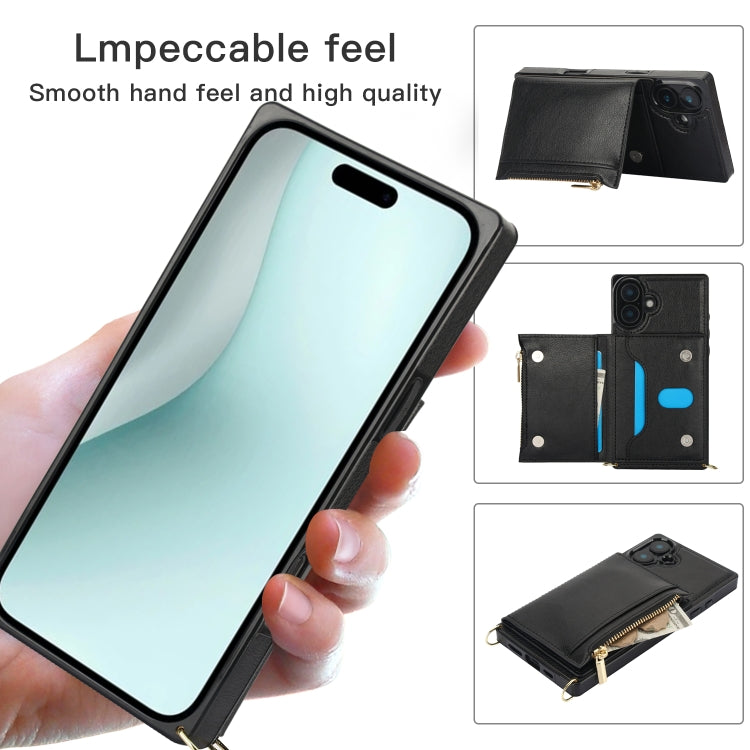 For iPhone 16 Plus Square Zipper Wallet Bag TPU+PU Back Cover Case(Black)