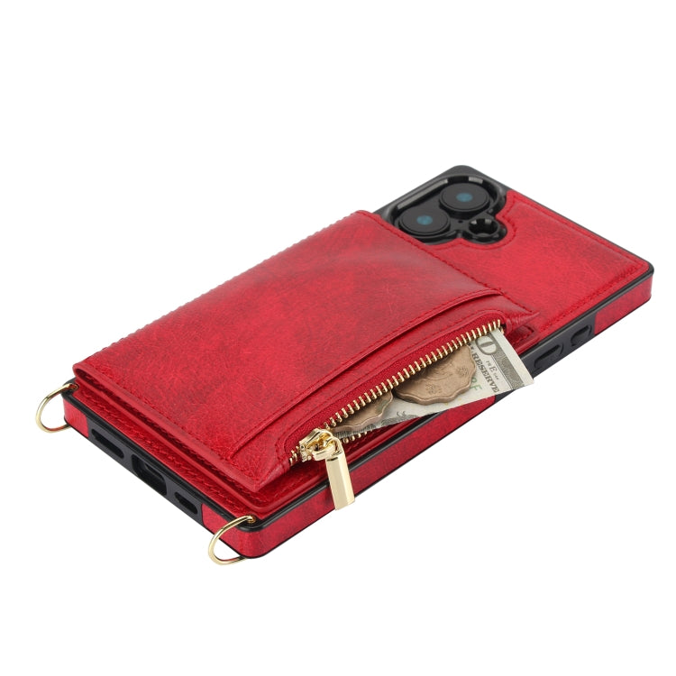 For iPhone 16 Plus Square Zipper Wallet Bag TPU+PU Back Cover Case(Red)