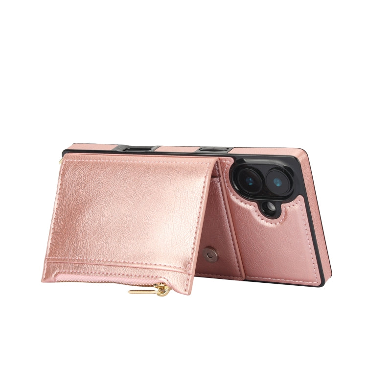 For iPhone 16 Square Zipper Wallet Bag TPU+PU Back Cover Case(Rose Gold)