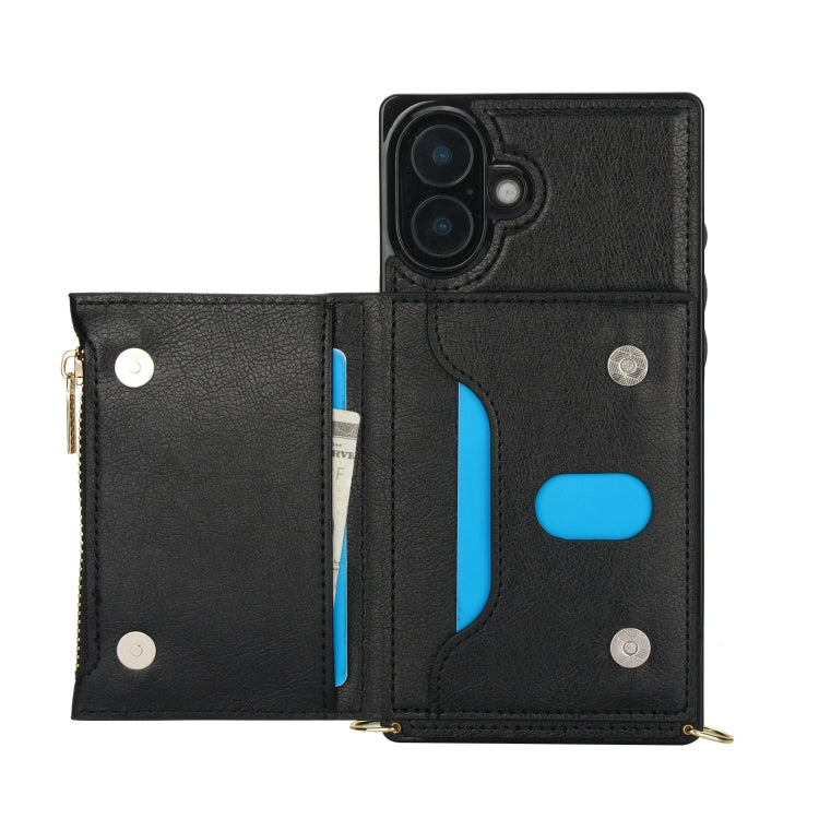 For iPhone 16 Square Zipper Wallet Bag TPU+PU Back Cover Case(Black)