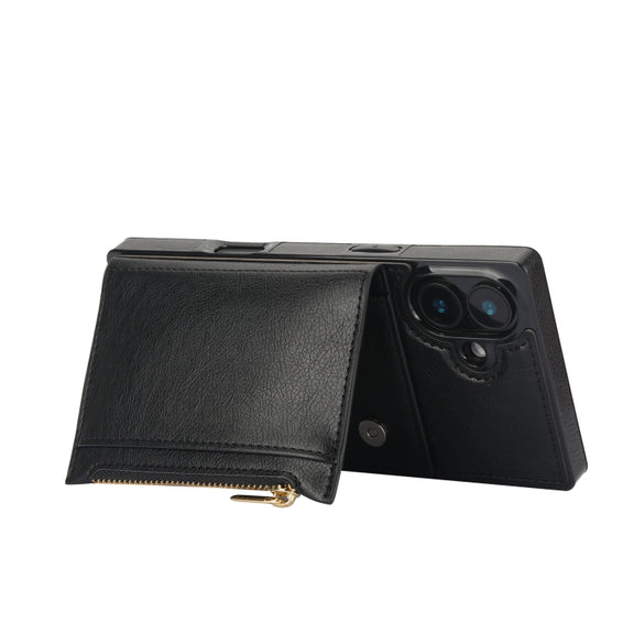 For iPhone 16 Square Zipper Wallet Bag TPU+PU Back Cover Case(Black)