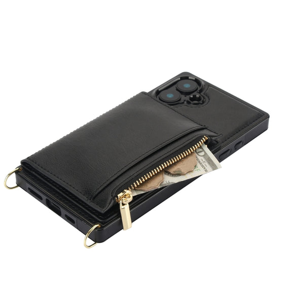 For iPhone 16 Square Zipper Wallet Bag TPU+PU Back Cover Case(Black)