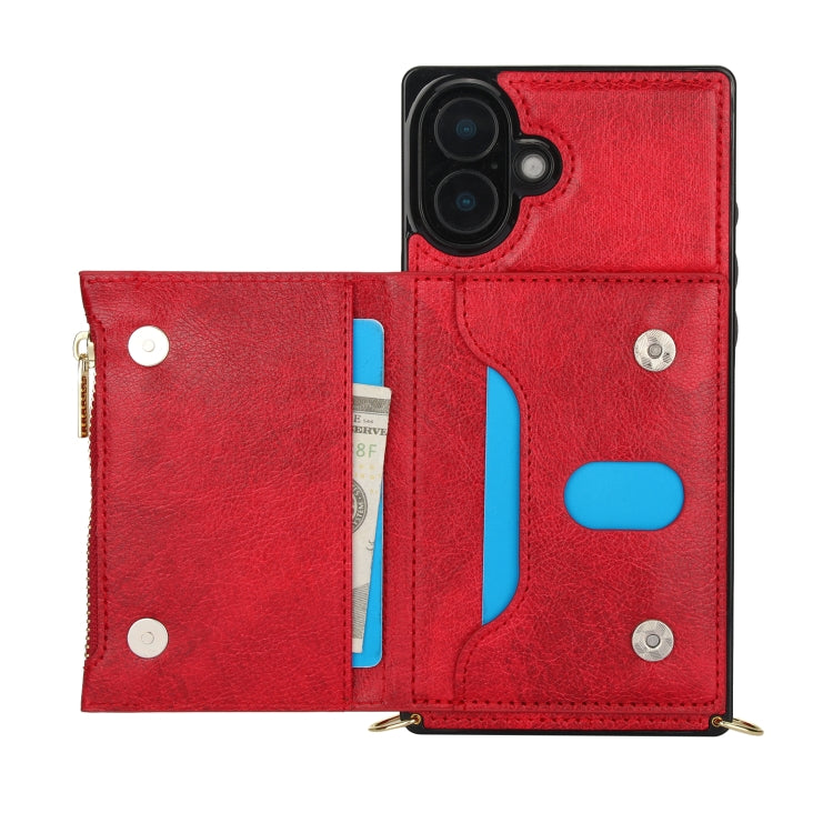 For iPhone 16 Square Zipper Wallet Bag TPU+PU Back Cover Case(Red)
