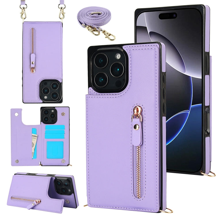 For iPhone 16 Pro Max Cross-body Zipper Square Phone Case(Purple)