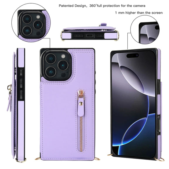 For iPhone 16 Pro Max Cross-body Zipper Square Phone Case(Purple)